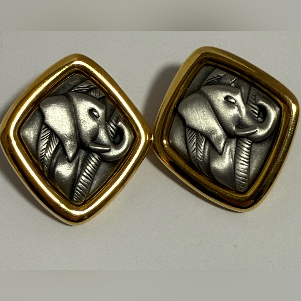 Vintage Darlene Signed Gold and Silver Tone Lucky Elephant Pierced Earrings